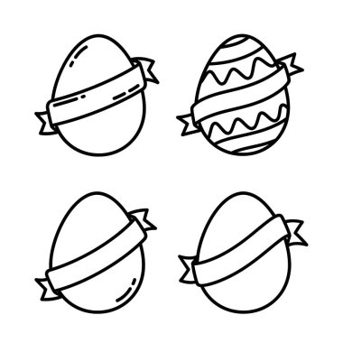 Paskalya yumurtaları. El çizimi, kurdeleli ve fiyonklu yumurta seti. vektör illüstrasyonu.