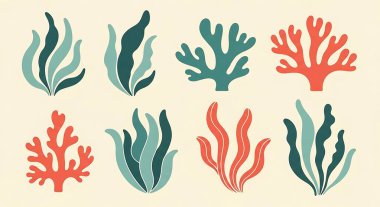 El yapımı deniz bitkileri. Mercan, mercan, deniz, yosun, mercan ve mercan örneklerinin vektör çizimleri. Deniz yaşamı, deniz teması,
