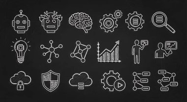 Siyah arkaplan üzerindeki yapay zeka simgelerinin vektör kümesi