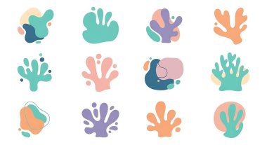 Soyut el çizimleri vektör kümesi. Değişik şekillere, biçimlere, modaya uygun renklere, modern minimal tasarım biçimine, sosyal medyaya sahip modaya uygun basit tasarım ögeleri