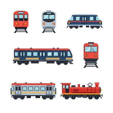 Tren ikonu hazır. Beyaz arkaplanda izole edilmiş ağ için 9 demiryolu vektör simgesi düz kümesi