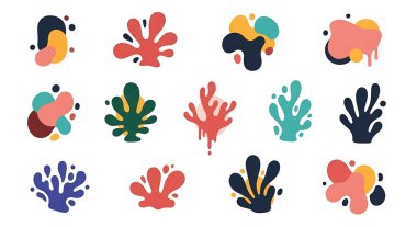 Beyaz arkaplan üzerinde çiçek ve yapraklar olan soyut el çizimi vektör seti. Tebrik kartı, davetiye, düğün için modern çiçek tasarımı,