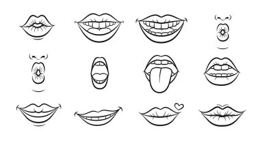 Duyguları olan el çizimi ağız, vektör çizimi