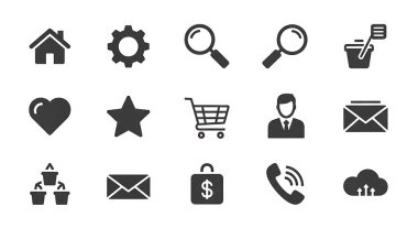 Arama, büyüteç, konum, arama, yıldız, arama, alışveriş gibi 12 basit düzenlenebilir simge kümesi,