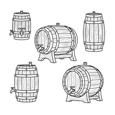 Fıçı ve varil sembollerinin vektör çizimi. Stok için varil ve ahşap vektör simgesi koleksiyonu.