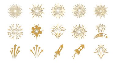 Altın havai fişek ikonu seti, vektör illüstrasyonu