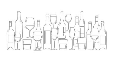 Şarap şişeli şarap bardakları. vektör çizimi.