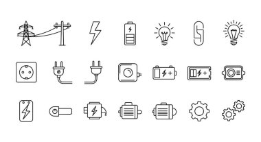 Elektrik prizi simgeleri ayarlandı. Beyaz arkaplanda izole edilmiş ince çizgi tasarımı dolgu vektör çizgisi simgelerinin ana hatları