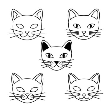 Şirin kedi yüzü seti, vektör. Siyah beyaz kedi. kedi koleksiyonu.