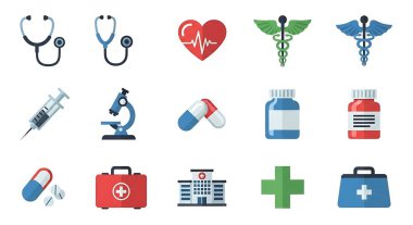 Tıbbi ikonlar hazır. Web için 9 tıp vektörü simgesinin karikatür çizimi