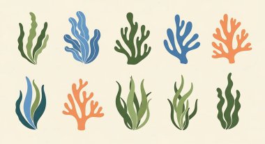 Mavi arkaplanda bir dizi suluboya bitki