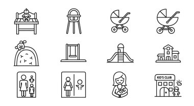 İnce çizgi şeklinde bebek ikonları. doğrusal vektör çizimi