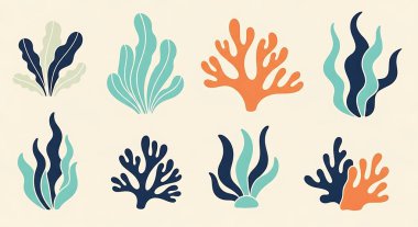 Bir dizi mercan ve deniz elementi. Deniz altı suları. vektör illüstrasyonu.