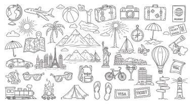 karalama plaj elementleri ve simgelerinin vektör kümesi