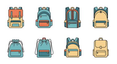 sırt çantası ve okul malzemeleri ikonu seti
