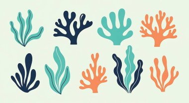 Mercan vektör çizimi. Bir dizi deniz bitkisi. mercan deniz bitkileri koleksiyonu.