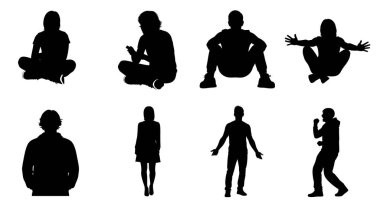 Vektör siluetleri, insanların ana hatları, Contour çizimleri, insanların siluetleri, ikon kümesi izole edilmiş, oturan insanların silueti, mimari set