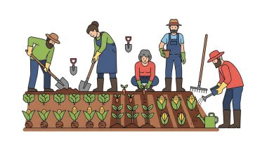 Vektör çizimi. İnsanlar birlikte çalışıyor, bahçe işleriyle uğraşıyor, bahçe işleriyle uğraşıyor..