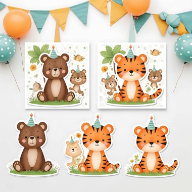 Beyaz arka planda farklı şirin hayvan ve bebek hayvanlar seti, vektör çizimi.