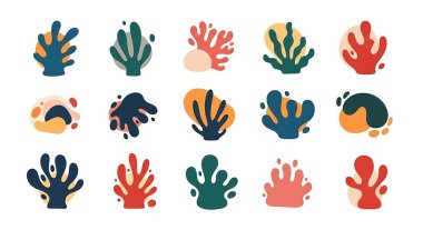 Çizgi film tarzında deniz, okyanus bitkileri ve çiçekler. vektör çizimleri