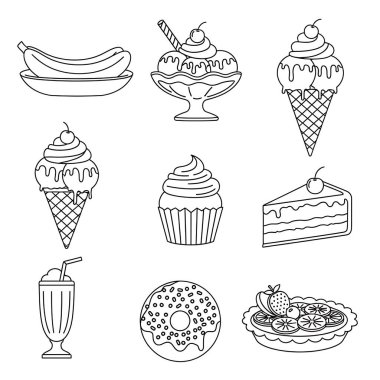 Dondurma ikonları hazır. Beyaz arkaplanda izole edilmiş web için 16 dondurma vektör simgesi