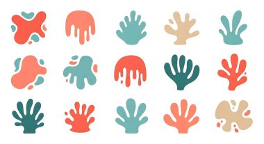 İnsan ayak izleri ve çeşitli şekillerin el çizimi vektör çizimi. Renkli karalama simgeleri seti.