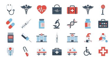 Düz stil tıbbi ve bakım ikonu seti