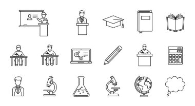 Eğitim ikonları. Eğitimin, okulun, eğitimin, öğrenmenin vektör çizgisi simgesi
