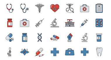 Tıbbi ikonlar hazır. Web için 9 tıp vektörü simgesinin düz çizimi