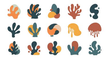 Bir dizi soyut deniz bitkisinin ve deniz elementlerinin vektör çizimi. El çizimi vektör illüstrasyonu.