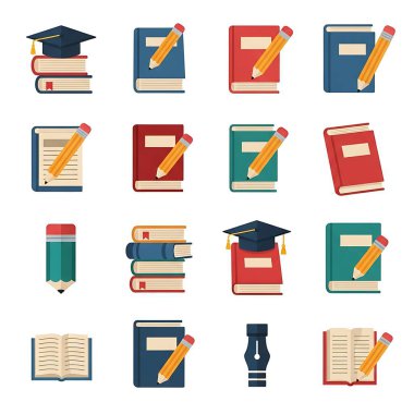 Kitaplar, kitaplar ve ikonlar. vektör illüstrasyonu.