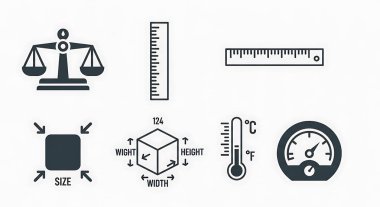 9 düzenlenebilir simge seti. ölçüm, ölçüm, cetvel ve daha fazlası gibi sembolleri içerir.