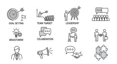 24 iş simgesinden oluşan bir set, ana hatlı vektör çizimi