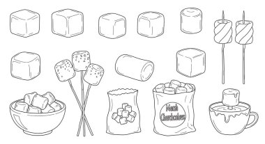 Suşi çeşitleri ve Japon yemek ikonları. özet çizimi.