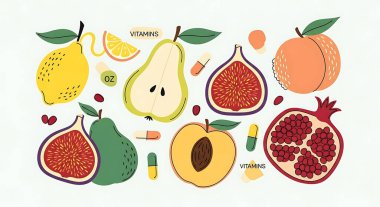 vektör illüstrasyonunda meyve, meyve, sebze, armut, armut, elma, armut, şeftali, şeftali...,