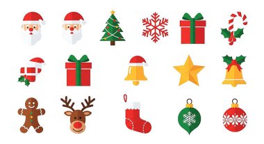 Noel simgelerini belirle. Noel ağacı, şeker, Noel Baba, kardan adam, şeker, Noel ağacı, hediyeler, kardan adam. Beyaz üzerine izole edilmiş vektör illüstrasyonu