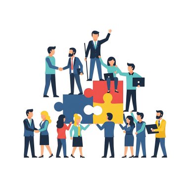 Yapboz parçaları olan iş adamları. vektör düz çizgi film biçimi