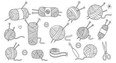 vektör çizilmiş el örgüsü iplik, iplik, örgü, iğne, iğne, makas, iğne, iğne, iğne.