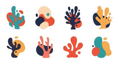 Soyut şekillerin soyut el çizimi çizimleri, deniz, deniz, okyanus ve deniz bitkileri, beyaz arka planda izole edilmiş doğa koleksiyonu.