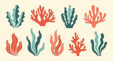 Bir dizi mercan bitkisi. Deniz bitkileri. vektör illüstrasyonu.