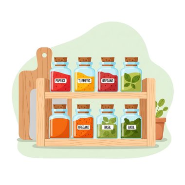 Beyaz arka planda farklı baharat ve baharat çeşitlerine sahip farklı kavanozlar.