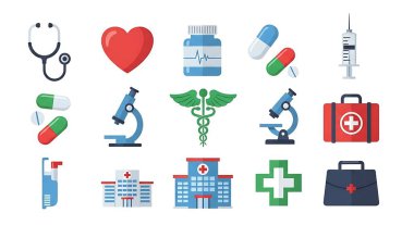 Bir dizi tıbbi ve sağlık ikonu. düz çizgi film biçimi.
