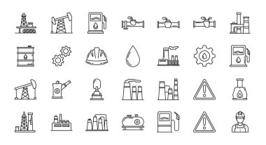 Petrol endüstrisi simgeleri ayarlandı. Beyaz arkaplanda izole edilmiş web tasarımı için 9 yağ vektör çizgisi dizisi