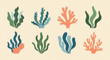 Bir dizi el yapımı suluboya deniz canlıları. deniz canlıları ve deniz canlıları.