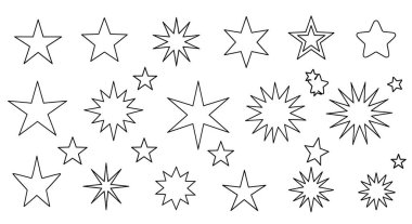 Bir dizi yıldız. El çizimi vektör çizimi. karalama yıldızları.