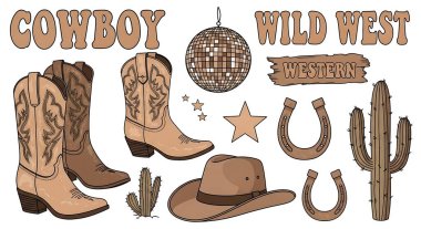 Batı kovboylarının elementleri. Batı şapkası, kovboy, çizme, kovboy, kovboy, batı kovboyu. vektör