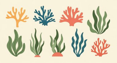 Mercan resif bitkileri, mercan mercanları, tropik bitkiler, deniz bitkileri, mercan resifleri, mercan resifleri. vektör illüstrasyonu.