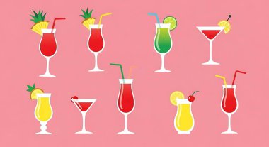 Kokteyller ve bardaklardan oluşan vektör seti pembe arka planda kokteyller, kokteyller ve ananas.