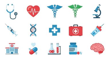 Tıbbi ve tıbbi ikon seti. hastane simgeleri vektör illüstrasyonunun çizgi film biçimi