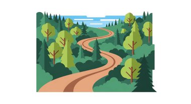 Ormanda yol, çam ağaçları, orman yolu, dağ manzarası. Düz tasarımda vektör illüstrasyonu.